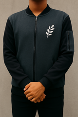 New Winter Collection Charcoal Grey Leaf Printed Zipper Jacket for Men & Boys – Warm & Stylish Fleece Outerwear - XL