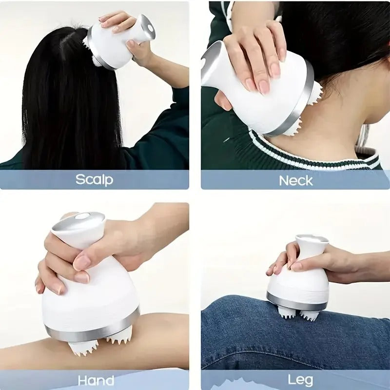 Scalp Massager, Electric Meridian Massage with 4 Moveable Massage Cluster, Rechargeable Portable Washable Head Massager to Relieve Fatigue and Hair Loss