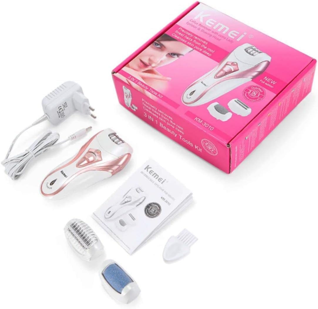 Kemei 3 In 1 ( KM-3010 ) Rechargeable Hair Remover | Kemei Callus Remover With Extra Lady Epilator And Shaving Head 3 in 1 ( Random Color )