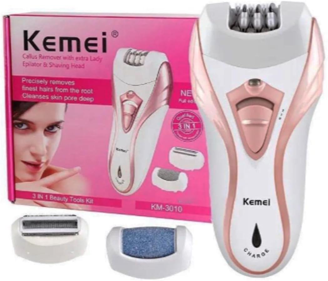Kemei 3 In 1 ( KM-3010 ) Rechargeable Hair Remover | Kemei Callus Remover With Extra Lady Epilator And Shaving Head 3 in 1 ( Random Color )