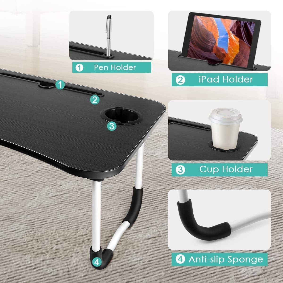 Haverit Wooden Laptop Table - Laptop Stand - Floor Table - Laptop table - Drawing Desk - Bed Tray Table Fold-able - Table Notebook Stand Reading Holder - Study Table - Portable Desk