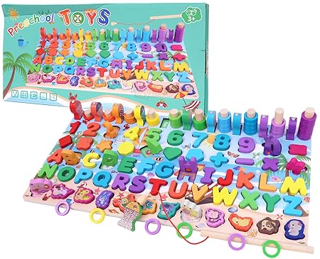 Wooden Puzzle Sorting Learning Board Toys | ABC, Numbers, Shapes, Abacus, Fish Picking Activity and Animals | Preschool Education Montessori Toys