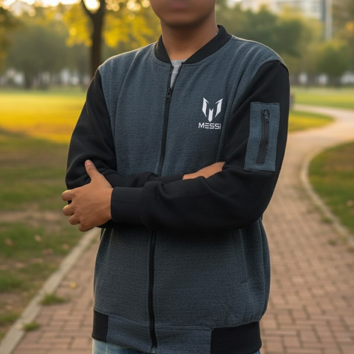 New Winter Collection Charcoal Grey Messi Printed Zipper Jacket for Men &amp; Boys – Premium French Fleece, Smart Fit, Stylish &amp; Comfortable Winter Wear - Medium