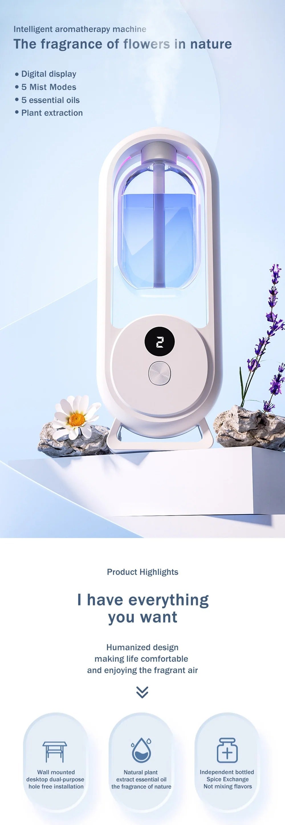 Rechargeable 5-Mode Aromatic Diffuser â€“ Timed Essential Oil Air Freshener for Bedroom, Living Room &amp; Bathroom 50ml