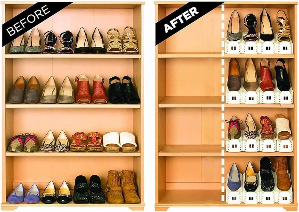Pack of 2 Double Layer Adjustable Shoe Bracket Storage Shoe Rack | 2 In 1 Foldable Shoe Holder Space Saving (Random color)