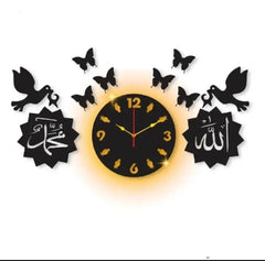 Ya Hayyu Ya Qayyum 3d wall clock  with light Islamic Wooden Wall Clock