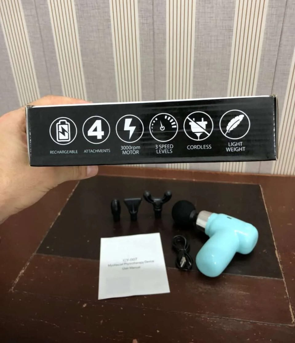 4 in 1 Compact Gun Massager | 5 Speed Levels | Portable Rechargeable Handheld Muscle Pain Reliever Device (Random color)