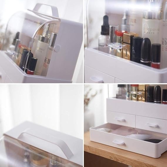 Makeup Organizer Modern Cosmetic White Storage Box | Portable Handle Fully Open Waterproof Lid Dust Proof 3 Drawers Great for Bathroom, Dresser, Counter top