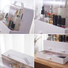 Makeup Organizer Modern Cosmetic White Storage Box | Portable Handle Fully Open Waterproof Lid Dust Proof 3 Drawers Great for Bathroom, Dresser, Counter top