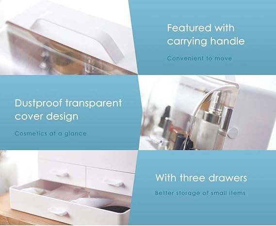 Makeup Organizer Modern Cosmetic White Storage Box | Portable Handle Fully Open Waterproof Lid Dust Proof 3 Drawers Great for Bathroom, Dresser, Counter top