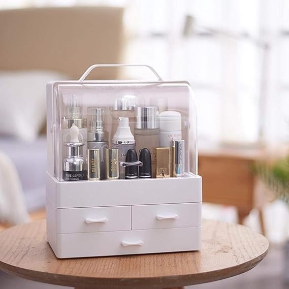 Makeup Organizer Modern Cosmetic White Storage Box | Portable Handle Fully Open Waterproof Lid Dust Proof 3 Drawers Great for Bathroom, Dresser, Counter top