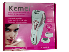 Kemei 3 In 1 ( KM-3010 ) Rechargeable Hair Remover | Kemei Callus Remover With Extra Lady Epilator And Shaving Head 3 in 1 ( Random Color )