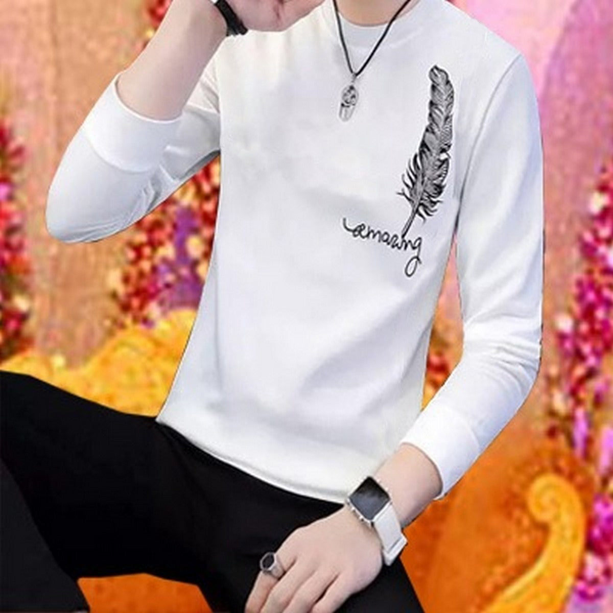 Men's Stylish Leaf Print Full Sleeves T-Shirt - Latest Designer Summer Collection | Premium Stitched Party &amp; Casual Wear for Him - White