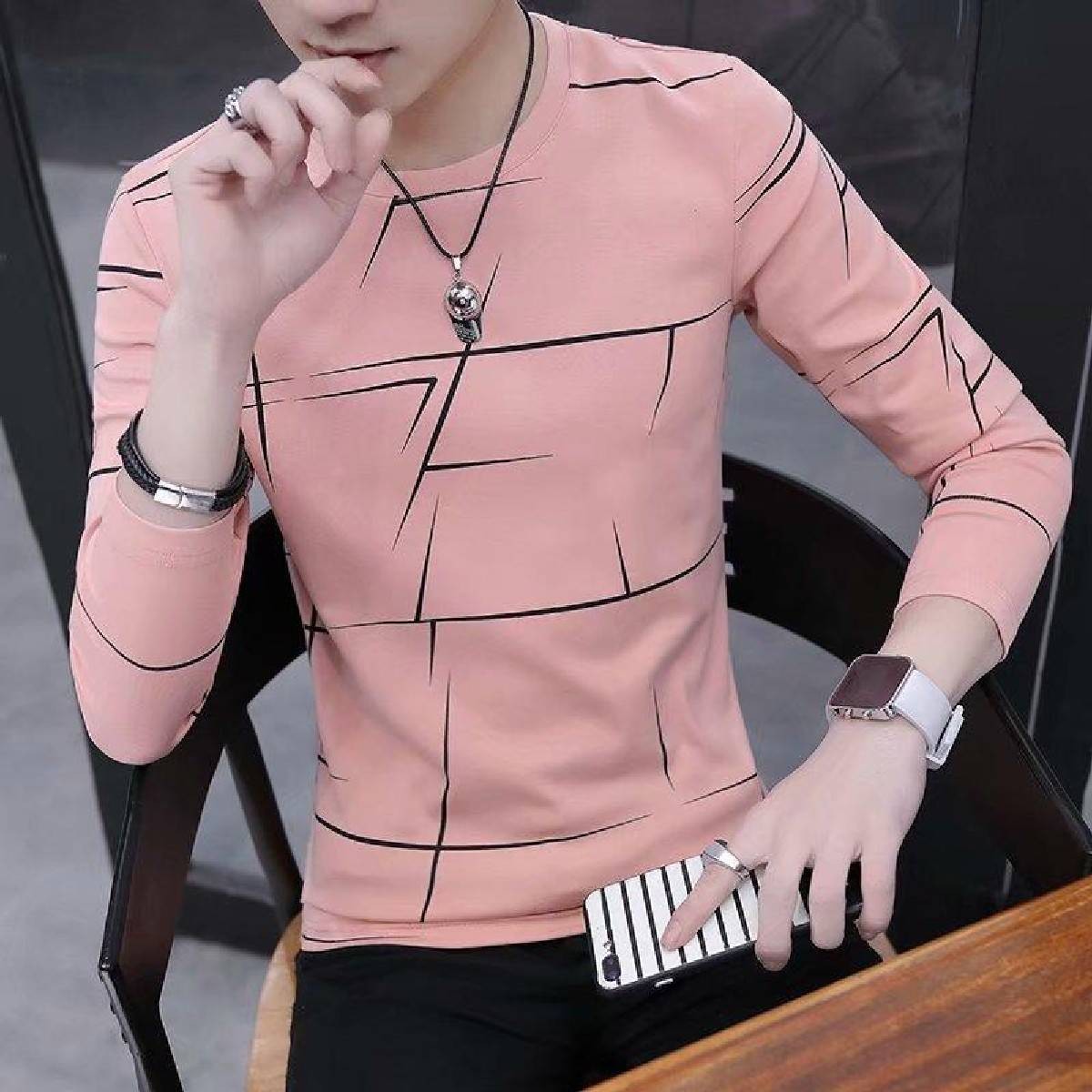 Fancy Cotton Jersey Full Sleeves T Shirt For Men | Best Quality Full Sleeves T Shirt For Men | T Shirt For Boys - Pink T-Shirt with Black PrintÂ 