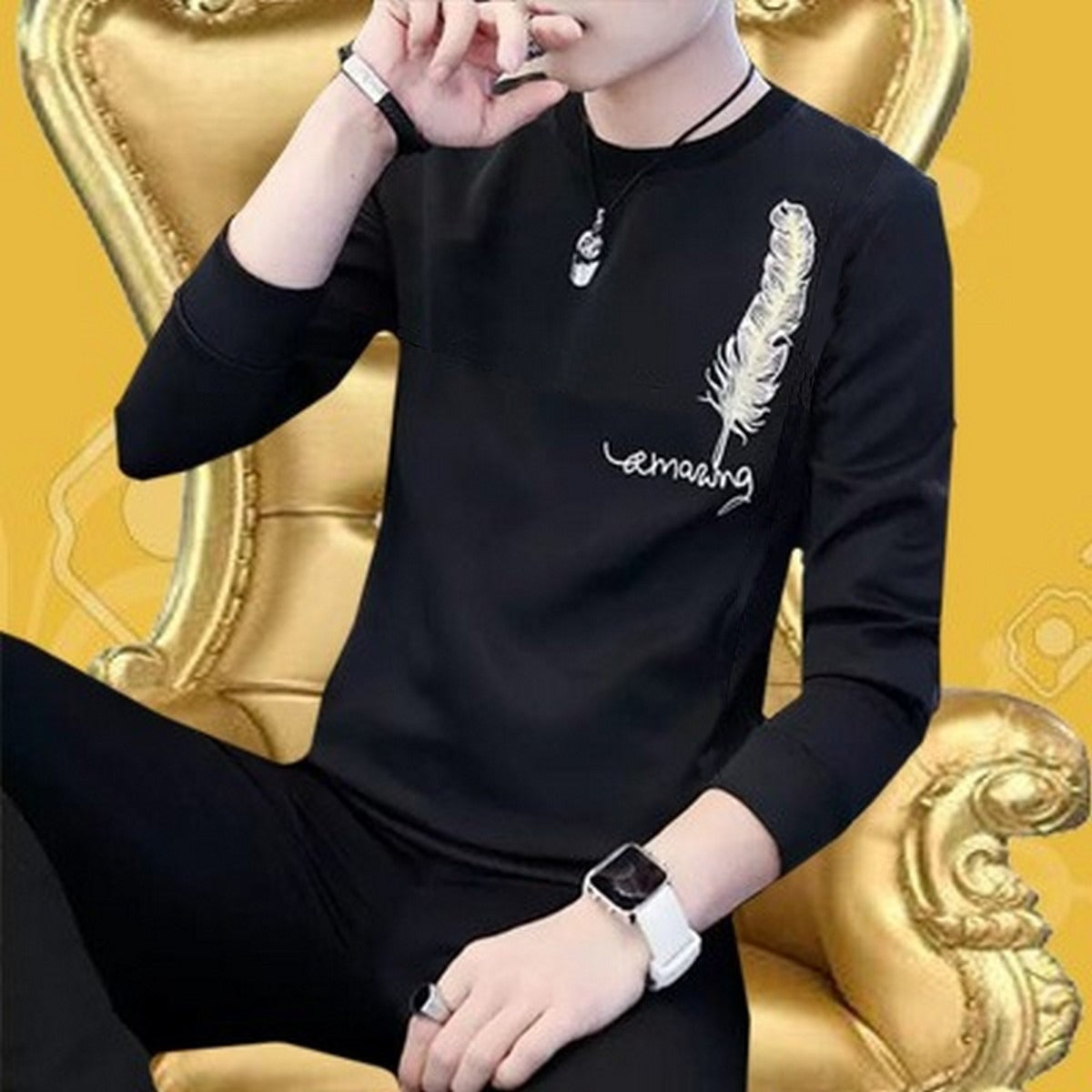 New Collection: Men's Stylish Print Full Sleeves T-Shirt - Premium Quality &amp; Fashionable Design for a Smart Look | Black Leaf Print T-Shirt