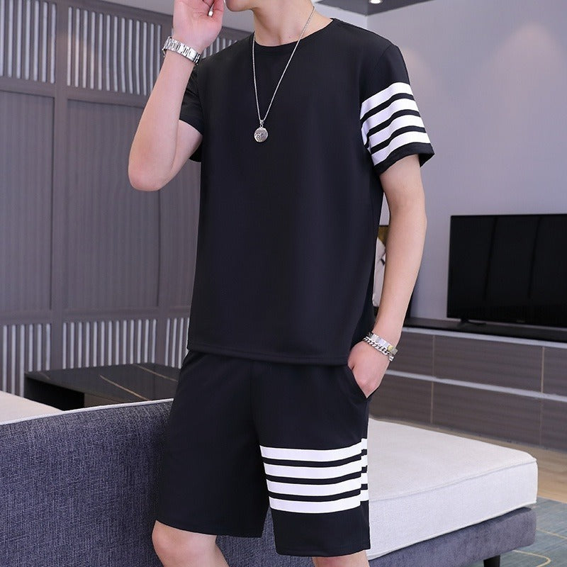 Black Color Trendy LINE Printed Tracksuit for Men | Cotton T-Shirt &amp; Shorts | Summer Casual Wear | Gym &amp; Elegant Suit