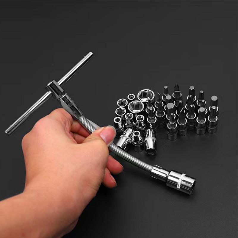 46-Piece Professional Socket Wrench Tool Set with Ratchet Handle, Sockets, Screwdriver Bits for Car, Motorcycle, Bicycle, Home Repair, Mechanical Work, Garage and DIY Maintenance Tasks, Portable Heavy-Duty Tool Kit