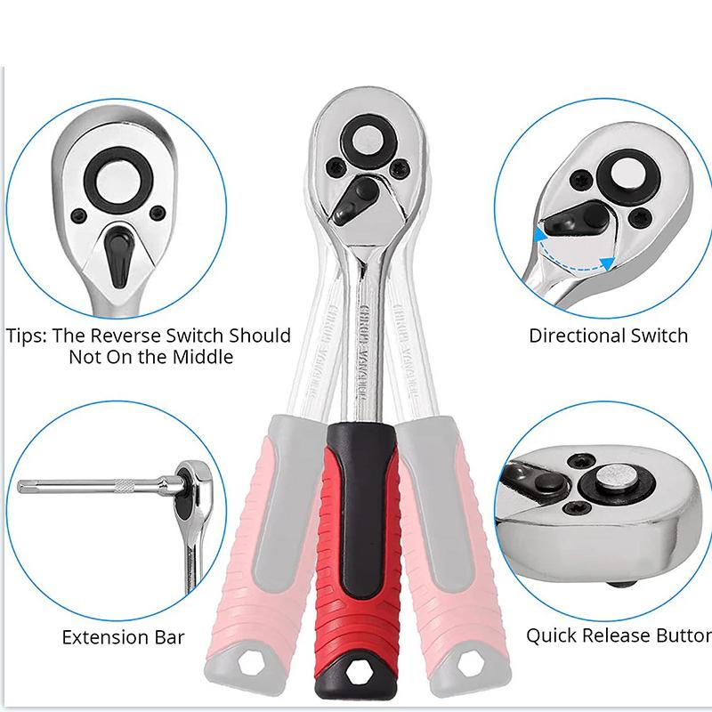 46-Piece Professional Socket Wrench Tool Set with Ratchet Handle, Sockets, Screwdriver Bits for Car, Motorcycle, Bicycle, Home Repair, Mechanical Work, Garage and DIY Maintenance Tasks, Portable Heavy-Duty Tool Kit
