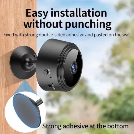 Black security camera with strong adhesive on a wall, with text about easy installation.