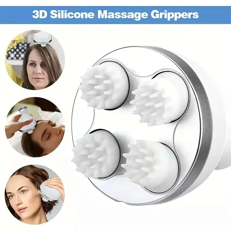 Scalp Massager, Electric Meridian Massage with 4 Moveable Massage Cluster, Rechargeable Portable Washable Head Massager to Relieve Fatigue and Hair Loss