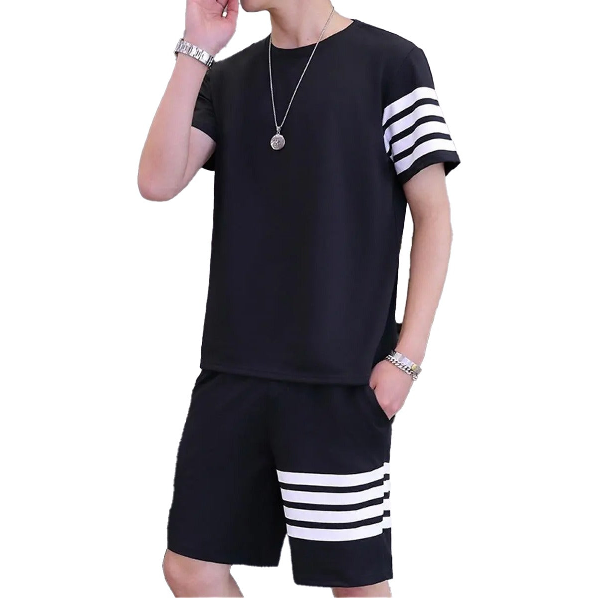 Black Color Trendy LINE Printed Tracksuit for Men | Cotton T-Shirt &amp; Shorts | Summer Casual Wear | Gym &amp; Elegant Suit