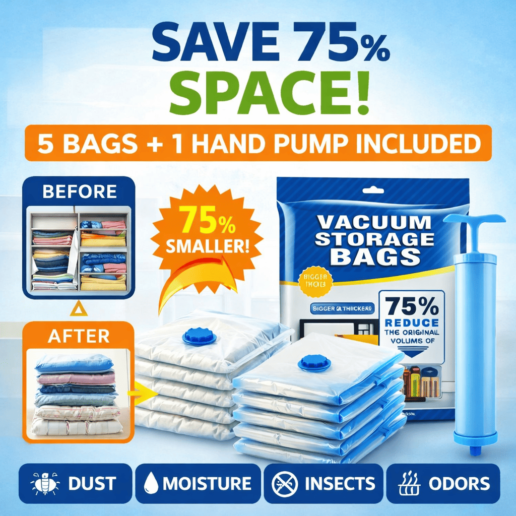Premium 5-Piece Vacuum Storage Bag Set + Free Hand Pump | Save 80% Space Instantly