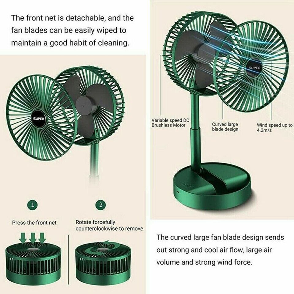 Portable Rechargeable Telescopic Folding Fan | USB Foldable | Table Desk Fan | Telescopic Design Floor | 3 Speeds Rechargeable, Foldable, Adjustable height Fan(random color )